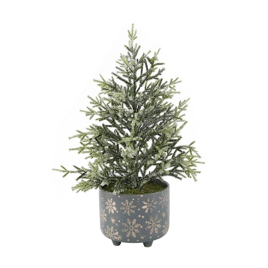 18.5" Unlit Frosted Artificial Christmas tree in Snowflake Ceramic Footed Pot By Flora Bunda | Michaels®